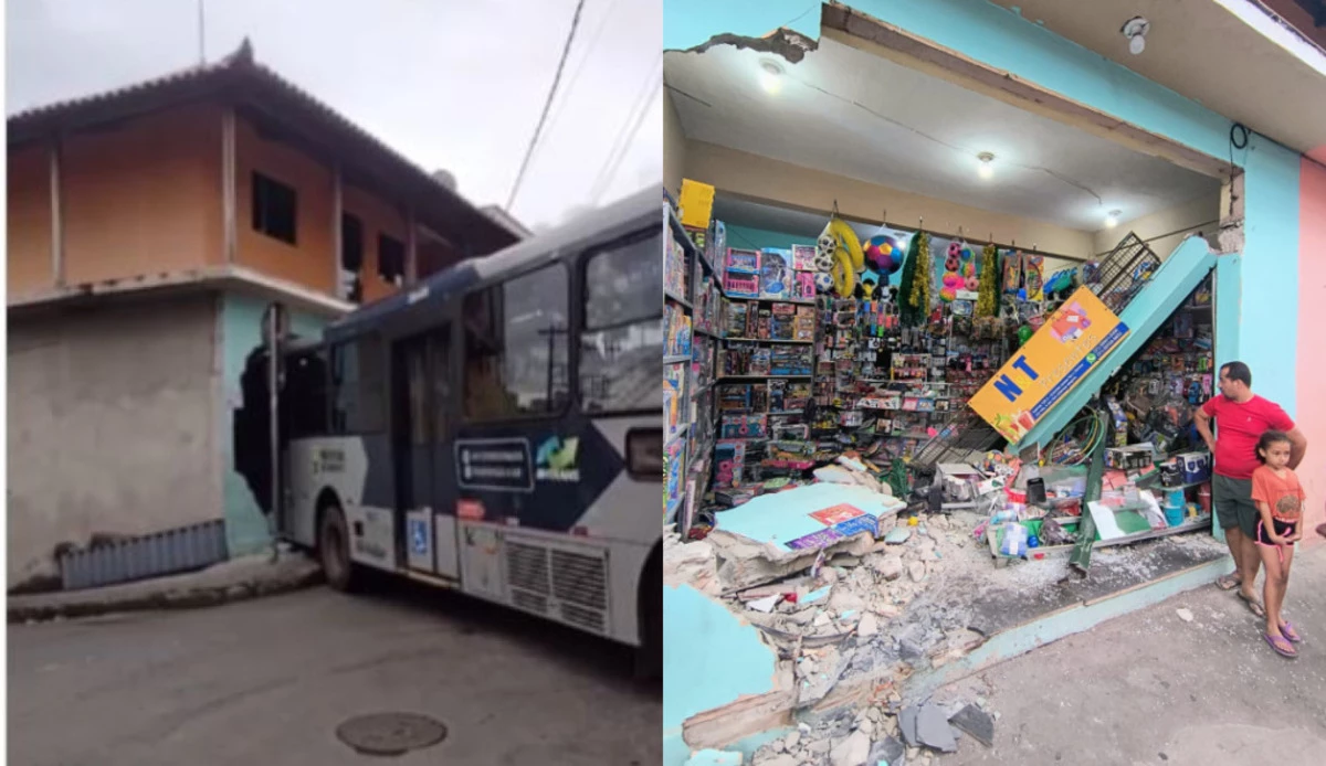 Motorista desce para comprar água, não puxa freio de mão e ônibus invade loja em BH