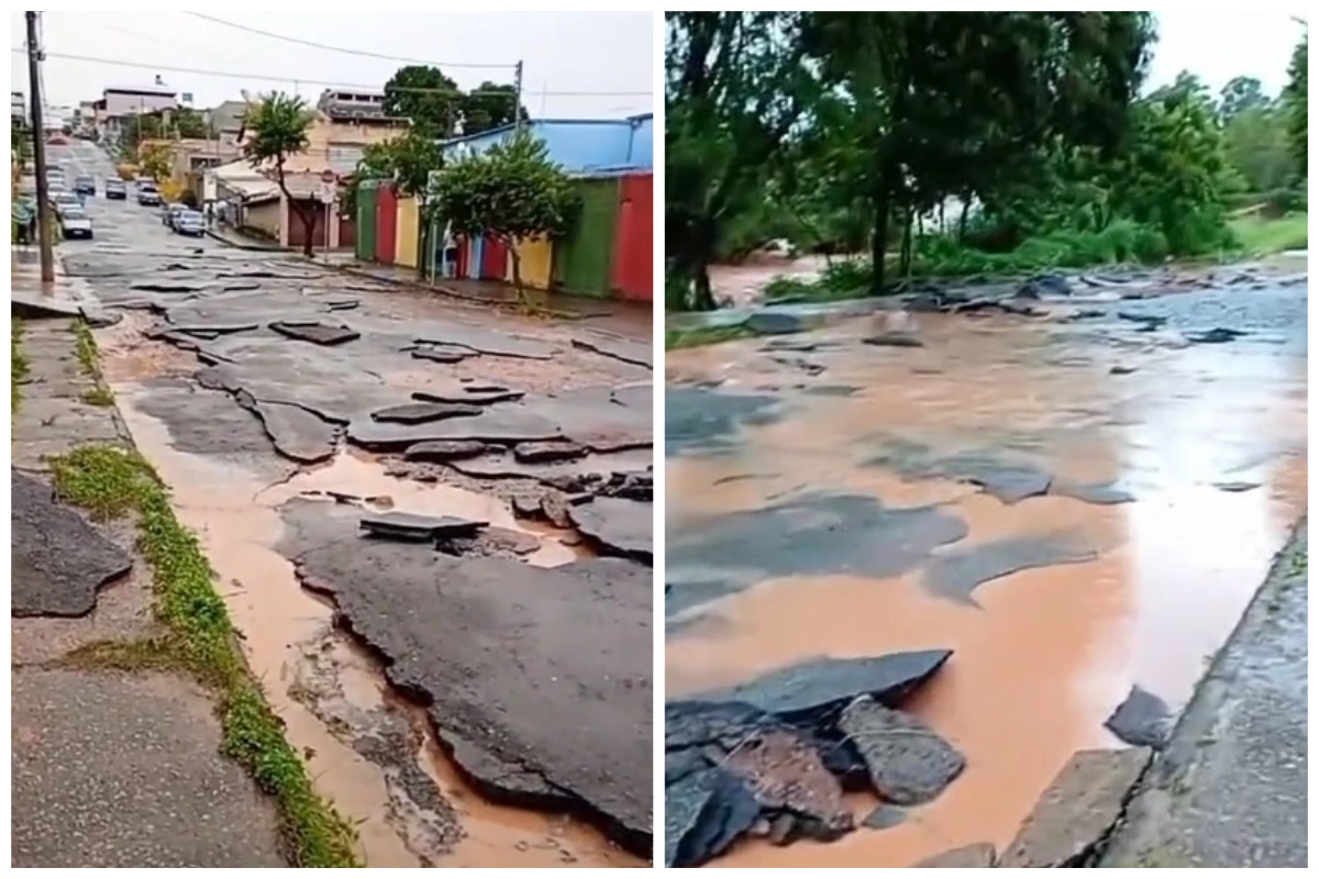 Tromba d’água arranca asfalto em cidade mineira e assusta moradores: ‘Parece que teve terremoto’